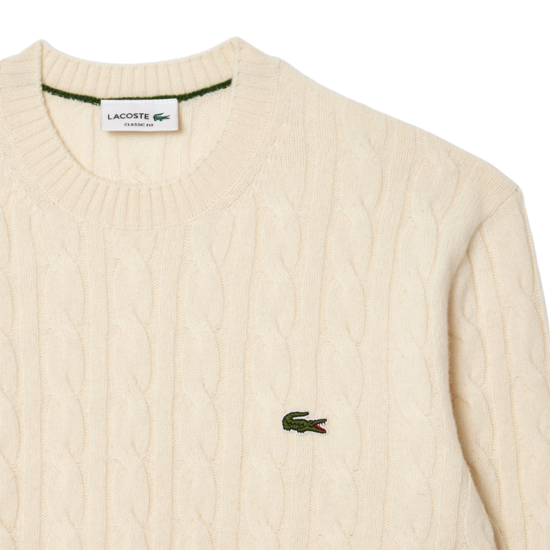 Lacoste Erkek Classic Fit Bisiklet Yaka Desenli Krem Kazak