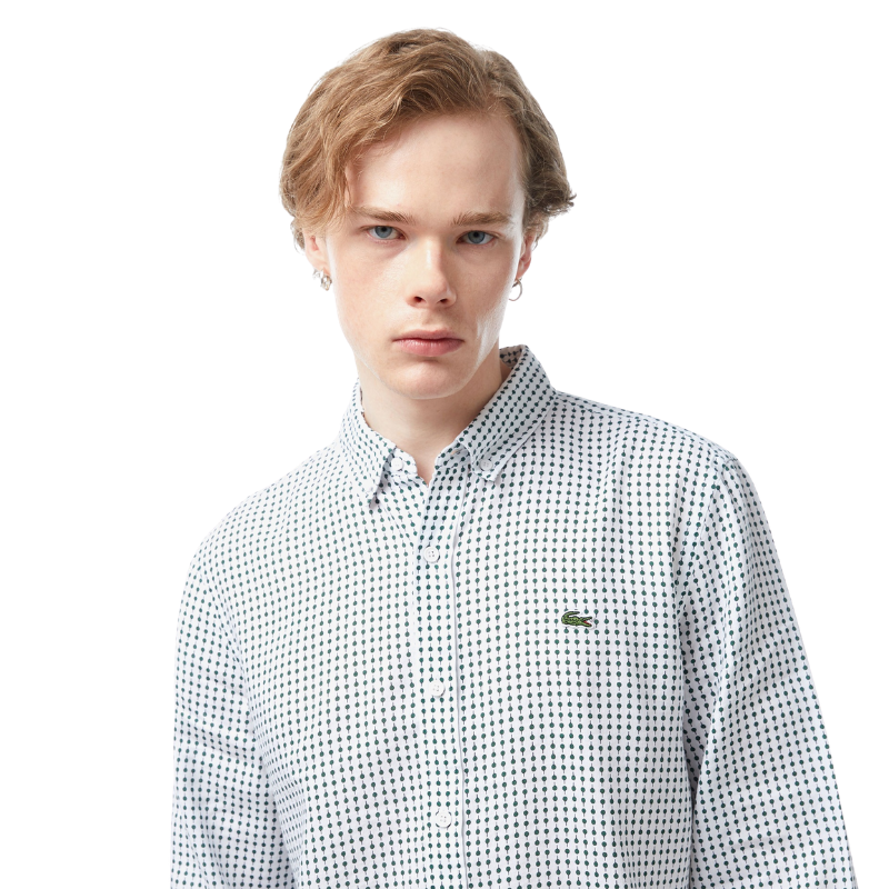 Lacoste Erkek Regular Fit Düğmeli Yaka Baskılı Beyaz Gömlek