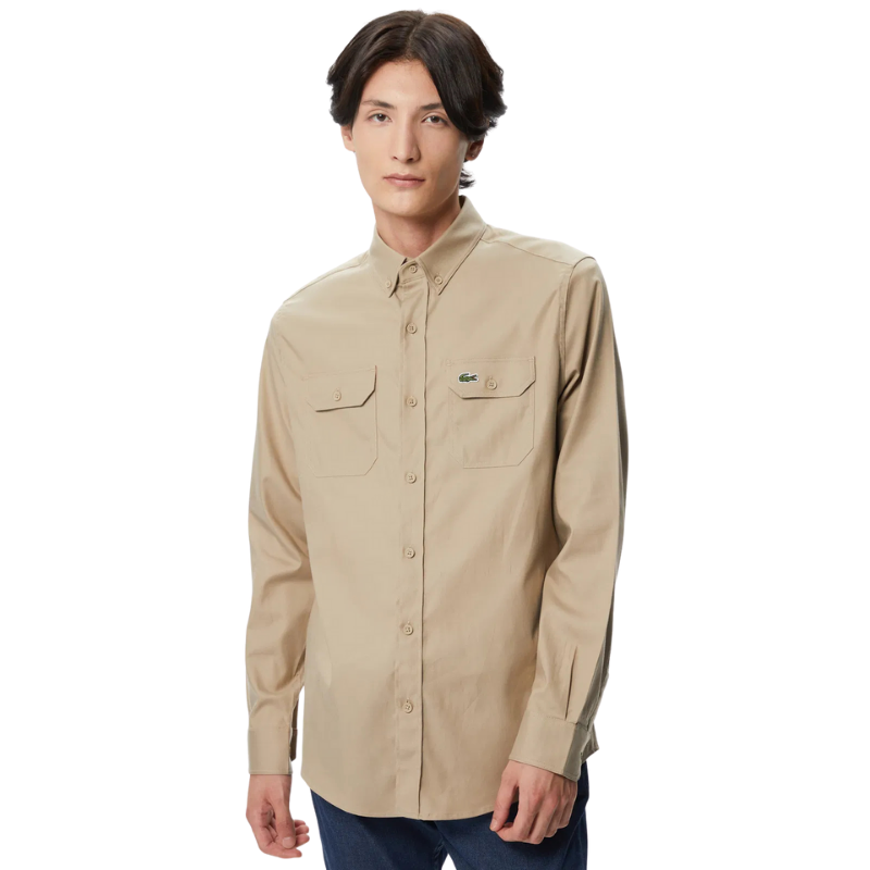 Lacoste Erkek Slim Fit Düğmeli Yaka Bej Gömlek CH2408 - 08K