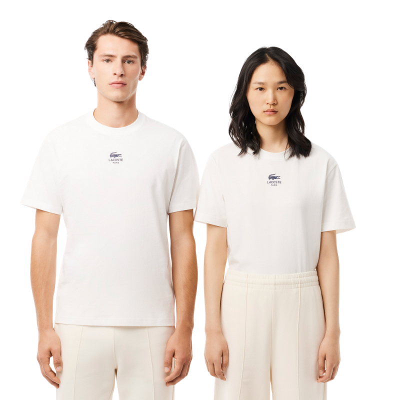 Lacoste Signature Print Paris Unisex Beyaz T-Shirt