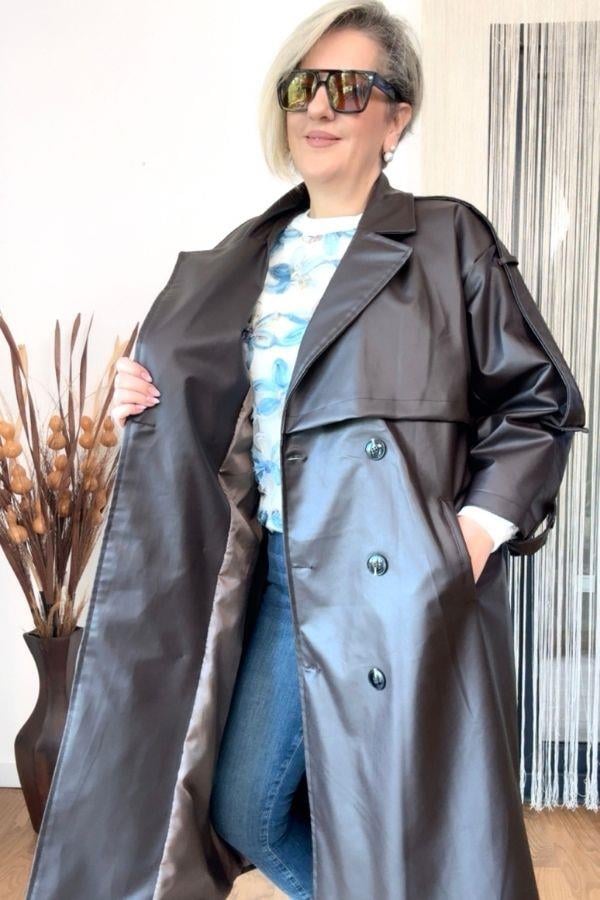 Acı Kahve Deri Trençkot