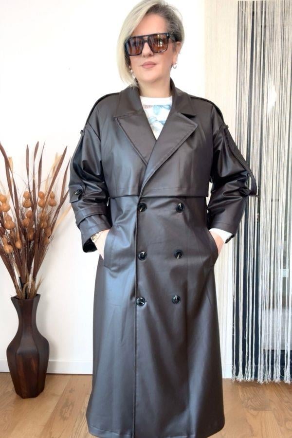 Acı Kahve Deri Trençkot