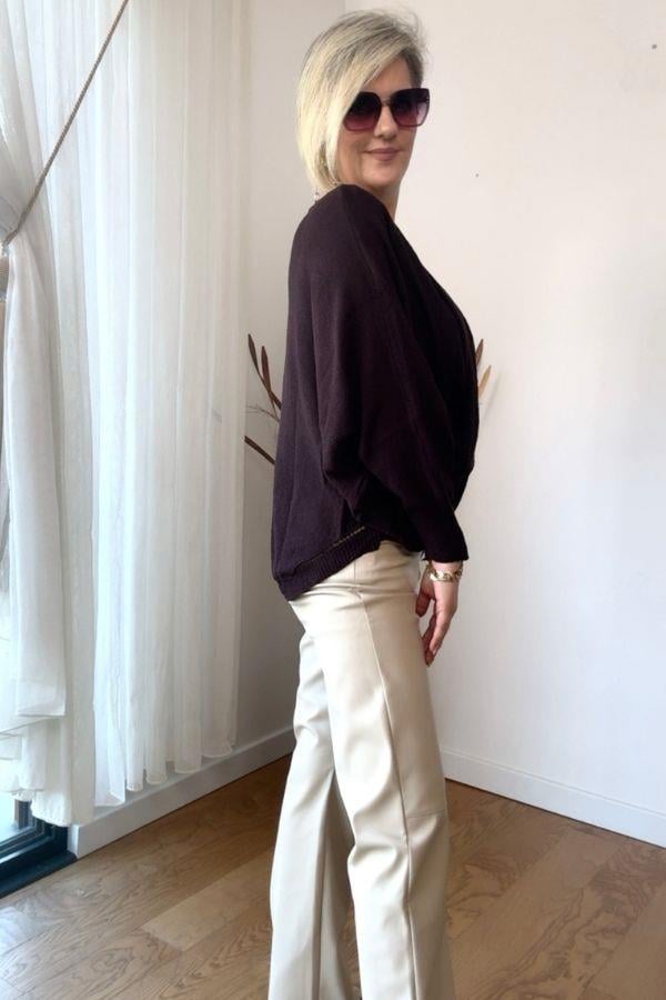 Acı Kahve Rengi Önü Drape Detaylı Merserize Triko Kazak