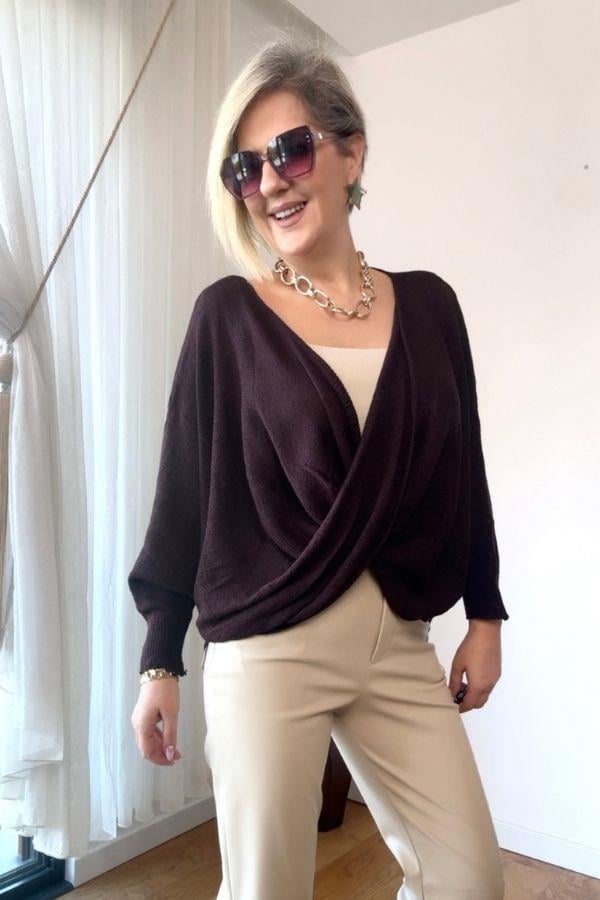 Acı Kahve Rengi Önü Drape Detaylı Merserize Triko Kazak