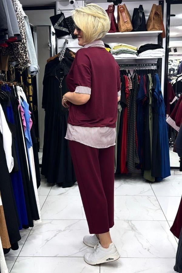 Bordo Gömlek Detaylı Altı Belden Lastikli Cepli Eşofman Takım