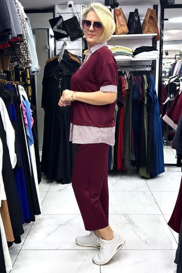 Bordo Gömlek Detaylı Altı Belden Lastikli Cepli Eşofman Takım