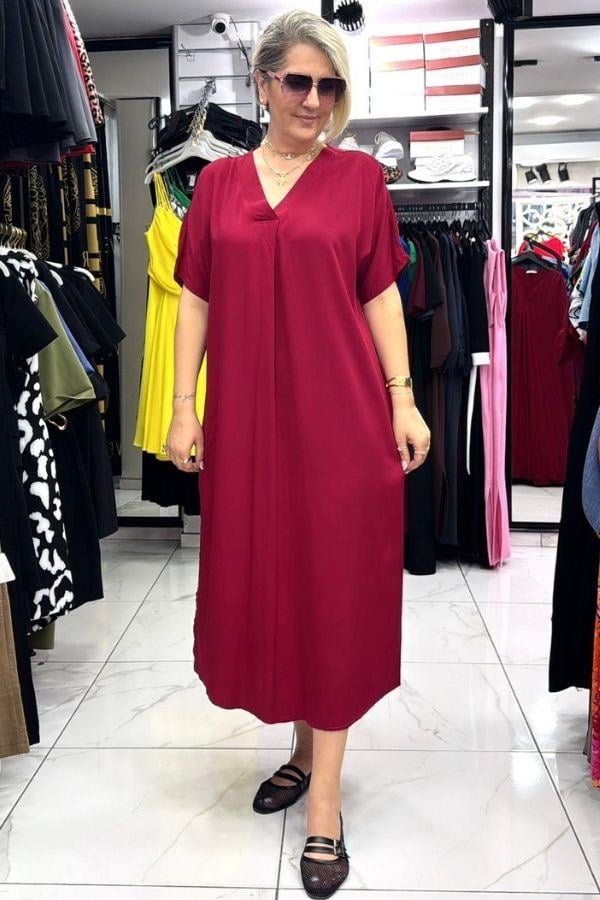 Bordo Renk V Yaka Büyük Beden Uzun Elbise