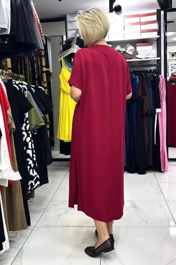 Bordo Renk V Yaka Büyük Beden Uzun Elbise