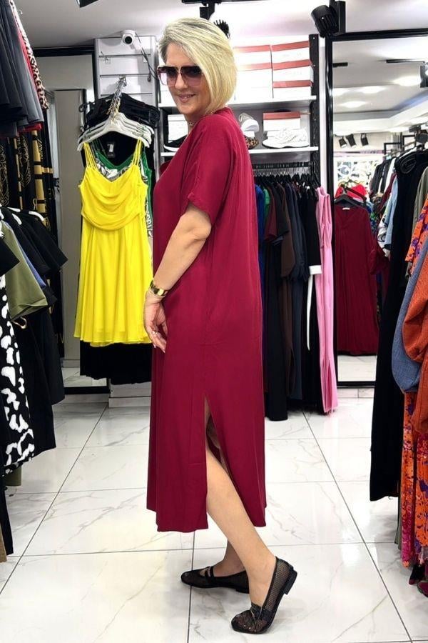 Bordo Renk V Yaka Büyük Beden Uzun Elbise