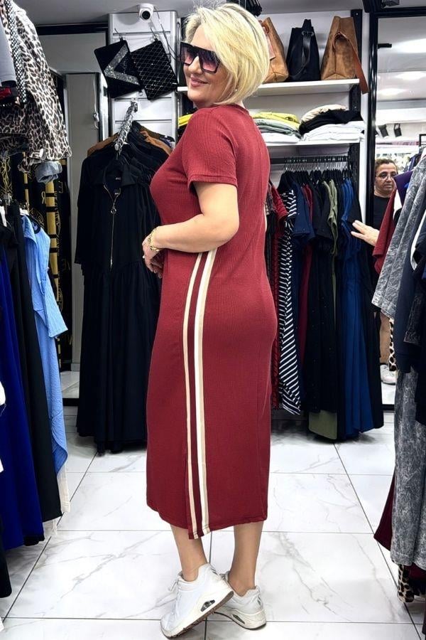 Bordo Renk Yanları Şeritli Burgu Kumaş Midi Boy Elbise
