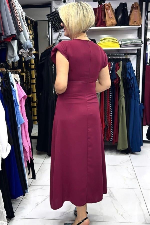 Bordo V Yaka Önden Tokalı Vatkalı Midi Elbise