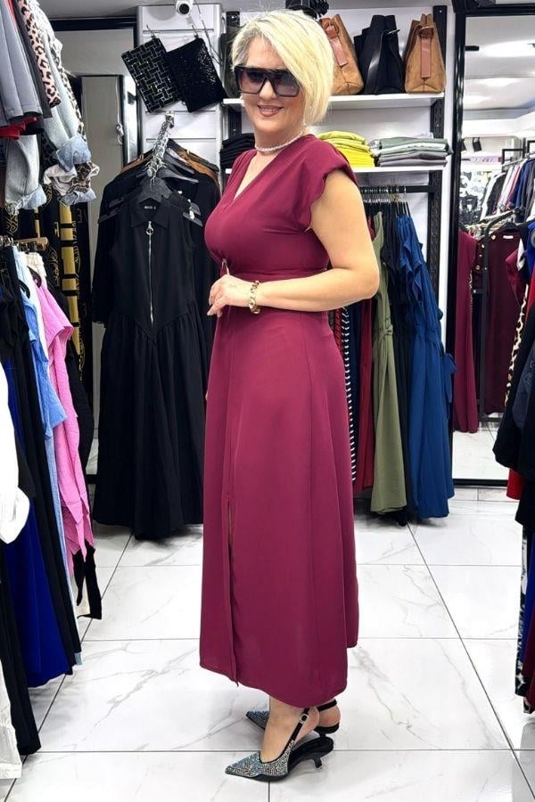Bordo V Yaka Önden Tokalı Vatkalı Midi Elbise