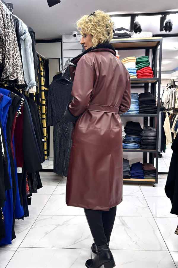 Bordo Yakası Kürklü Deri Mont
