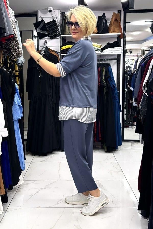 Gri Gömlek Detaylı Altı Belden Lastikli Cepli Eşofman Takım