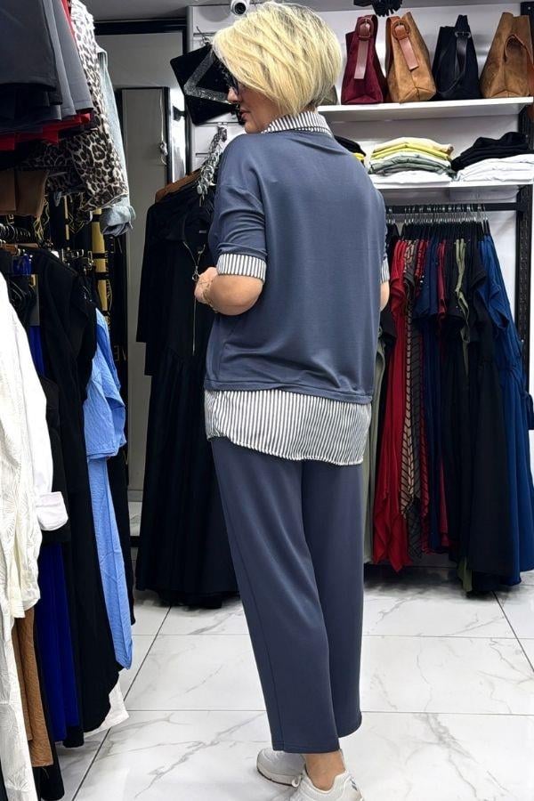 Gri Gömlek Detaylı Altı Belden Lastikli Cepli Eşofman Takım