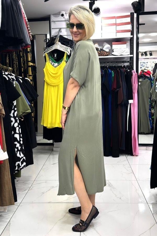 Haki Renk V Yaka Büyük Beden Uzun Elbise