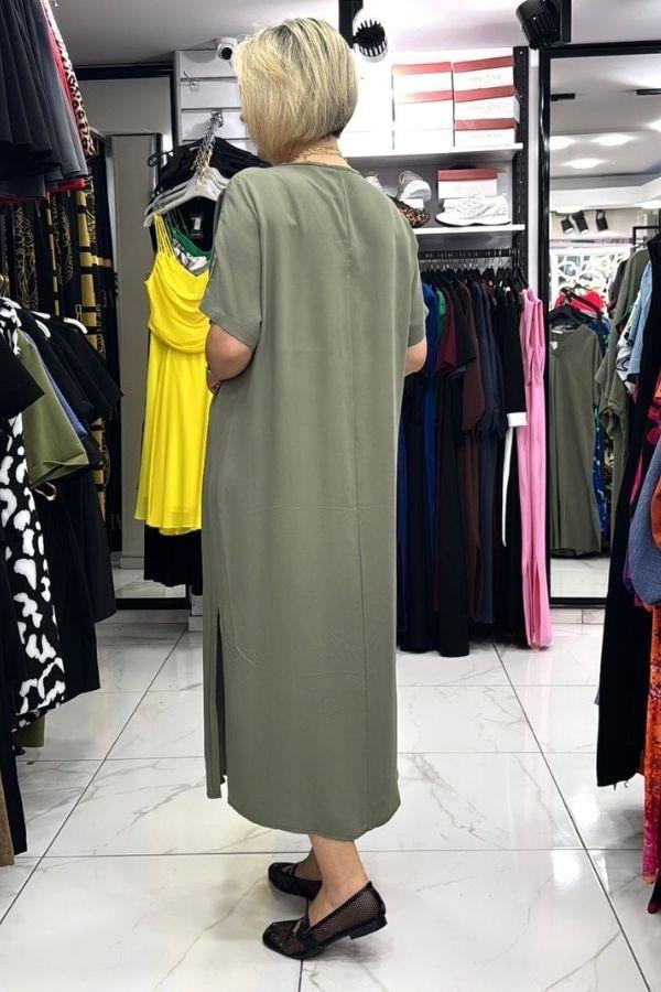 Haki Renk V Yaka Büyük Beden Uzun Elbise