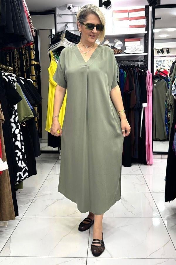 Haki Renk V Yaka Büyük Beden Uzun Elbise