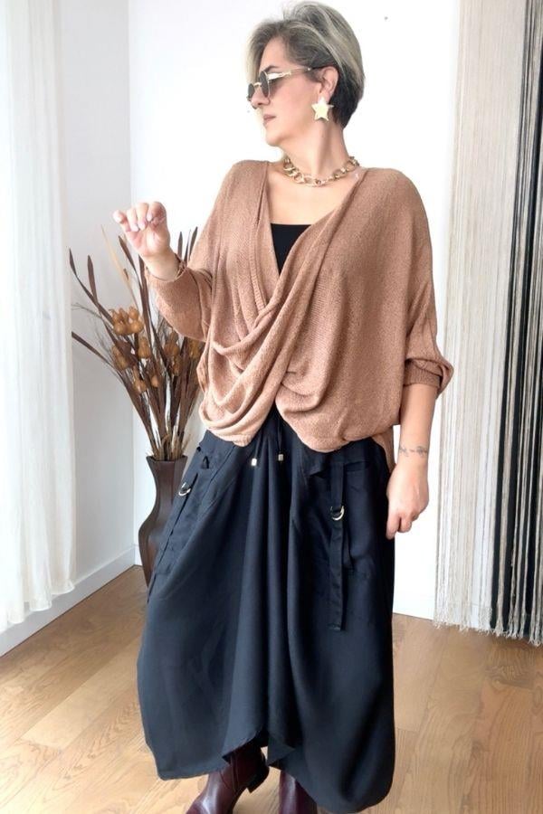 Kahve Rengi Önü Drape Detaylı Merserize Triko Kazak