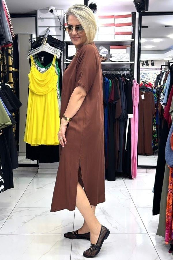 Kahve Renk V Yaka Büyük Beden Uzun Elbise