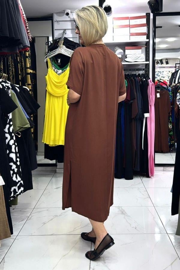 Kahve Renk V Yaka Büyük Beden Uzun Elbise