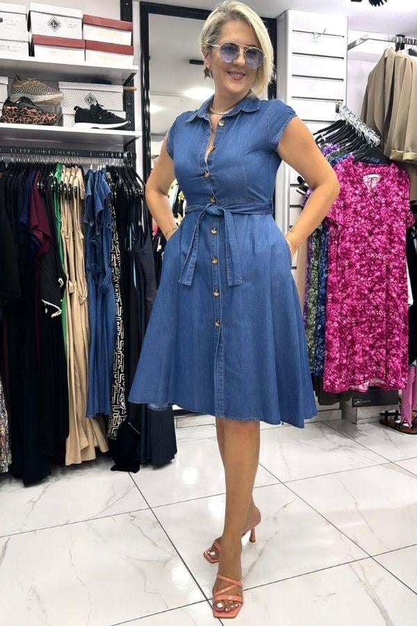 Kot Kumaş Önden Düğmeli Mini Elbise