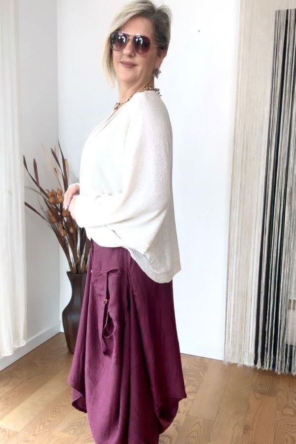 Krem Rengi Önü Drape Detaylı Merserize Triko Kazak