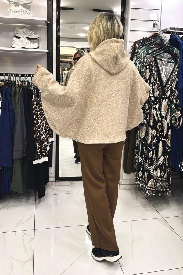 Krem Teddy Önü Fermuarlı Panço