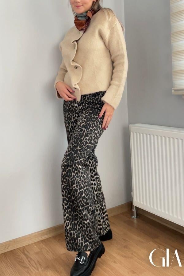 Luna Leopar Desenli Yüksek Bel Kot Pantolon