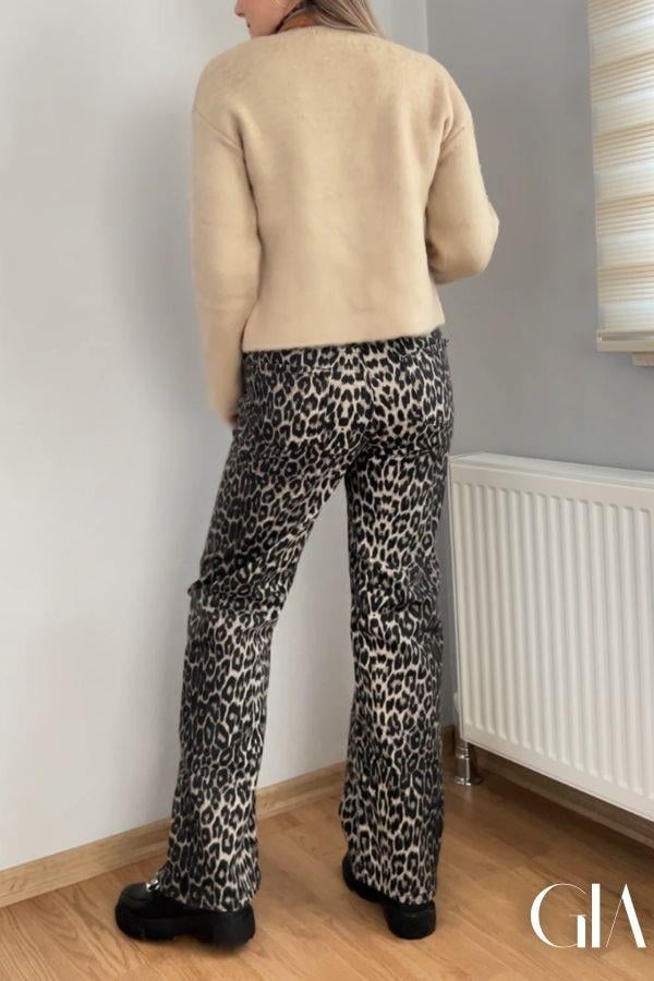Luna Leopar Desenli Yüksek Bel Kot Pantolon