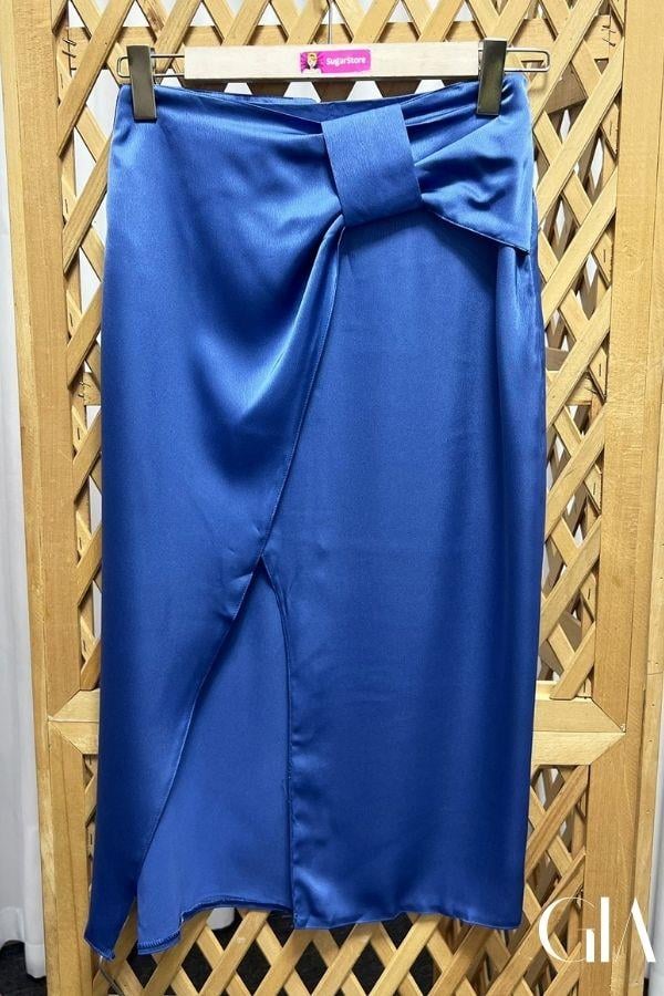 Mavi Saten Kurdele Görünümlü Etek