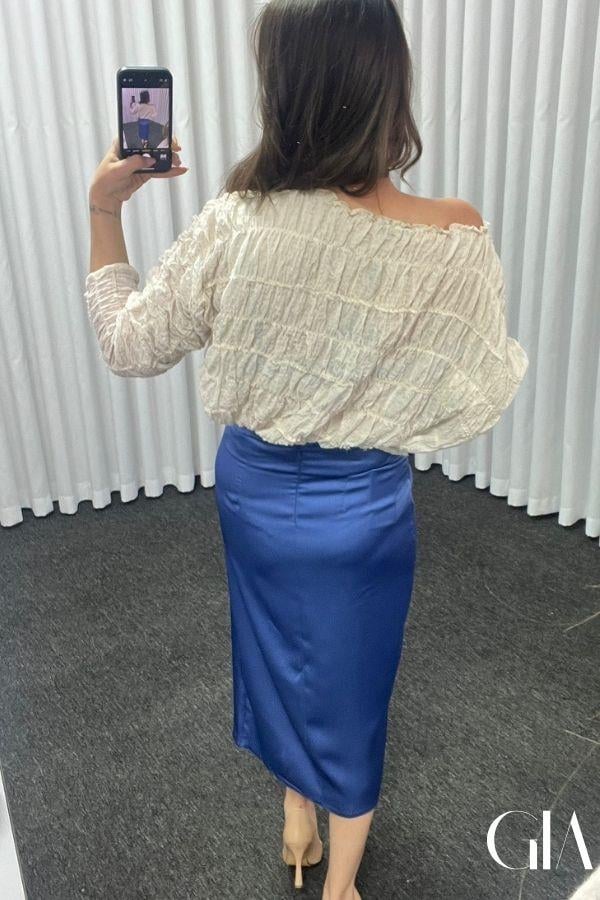 Mavi Saten Kurdele Görünümlü Etek