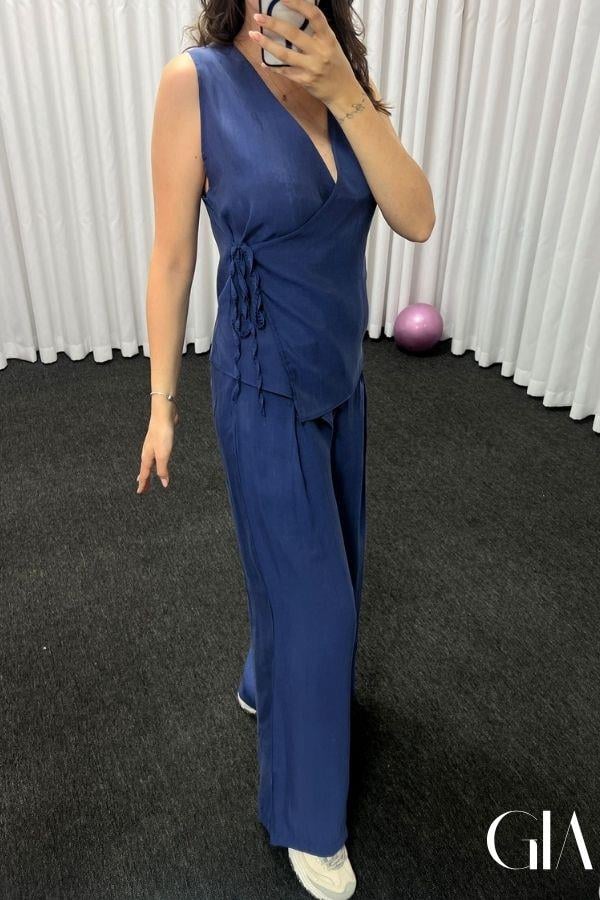 Mavi Tensel Kumaş Kruvaze Kesim Takım