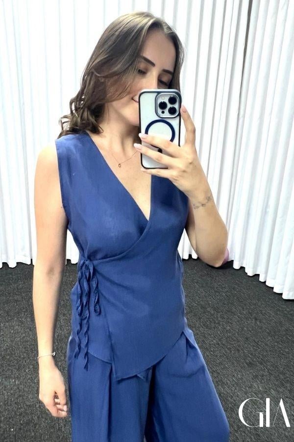 Mavi Tensel Kumaş Kruvaze Kesim Takım