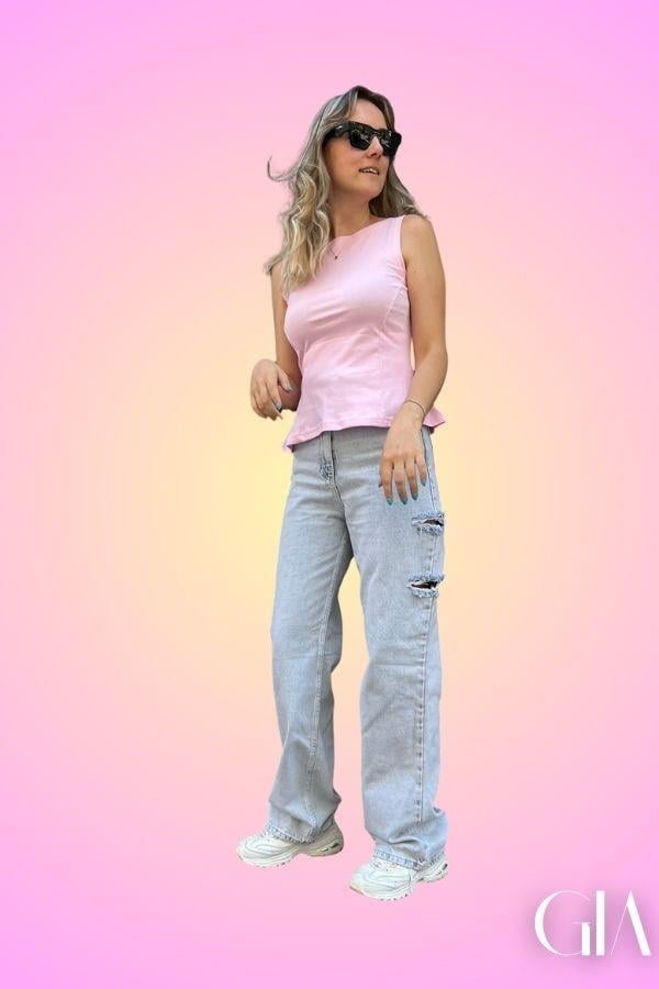 Pembe Kolsuz Altı Volanlı Bluz