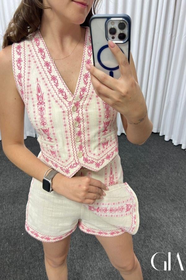 Pembe Nakış Detaylı Keten Yelekli Takım