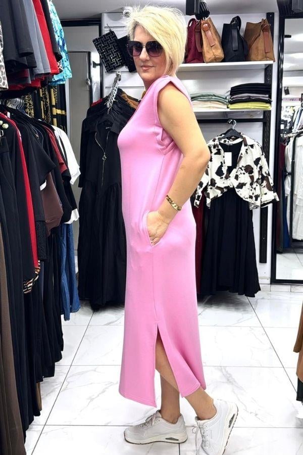 Pembe V Yaka Kolsuz Cepli Midi Elbise 
