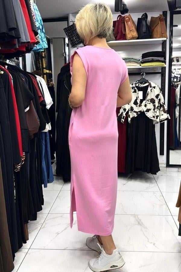 Pembe V Yaka Kolsuz Cepli Midi Elbise 
