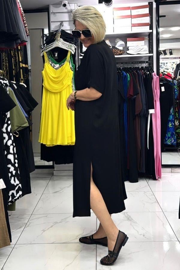 Siyah Renk V Yaka Büyük Beden Uzun Elbise