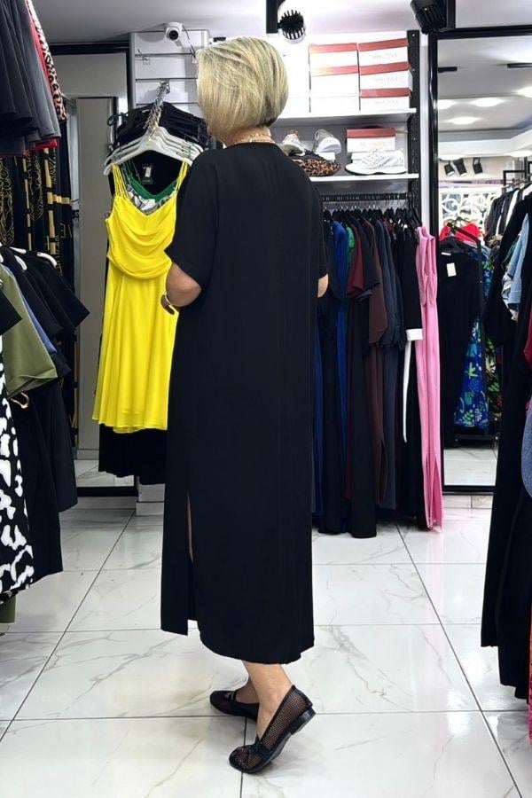 Siyah Renk V Yaka Büyük Beden Uzun Elbise