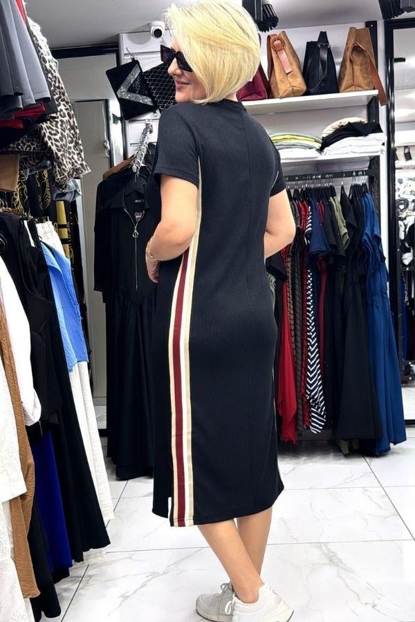 Siyah Renk Yanları Şeritli Burgu Kumaş Midi Boy Elbise