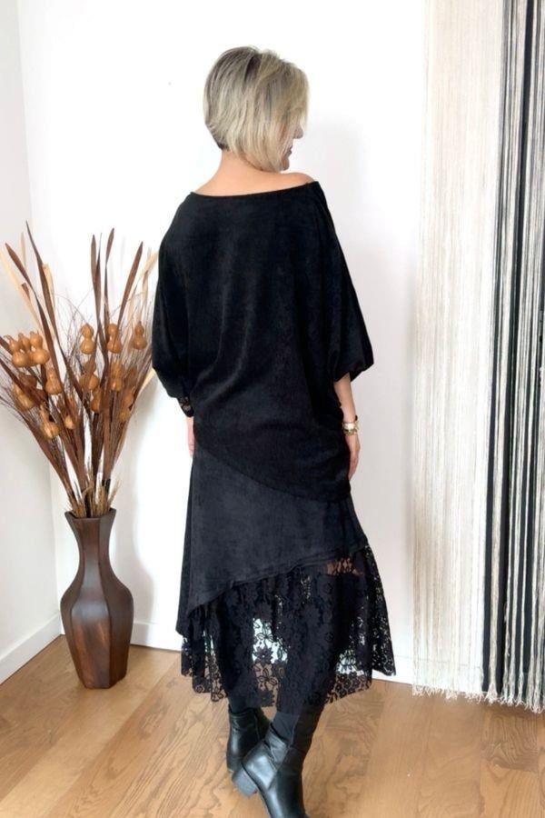 Siyah Süet Dantel Detaylı Bluz
