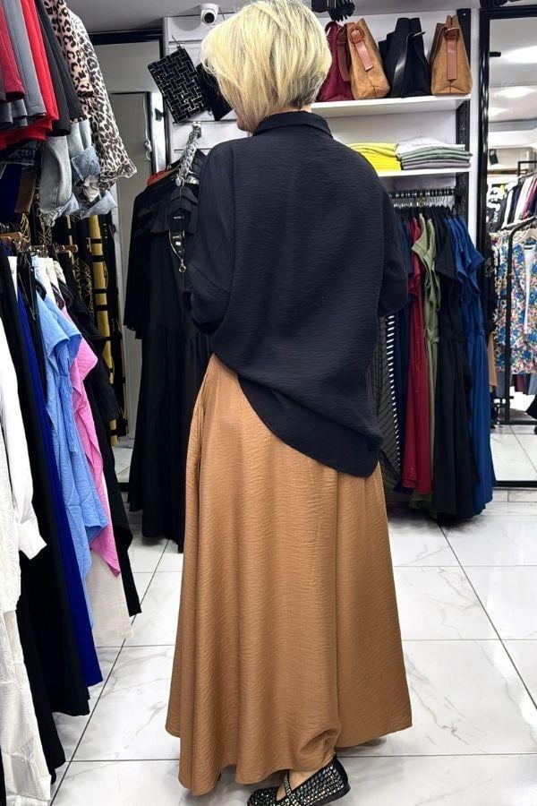 Taba Rengi Belden Lastikli Bağlamalı Cepli Etek Pantolon