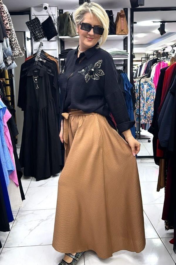 Taba Rengi Belden Lastikli Bağlamalı Cepli Etek Pantolon