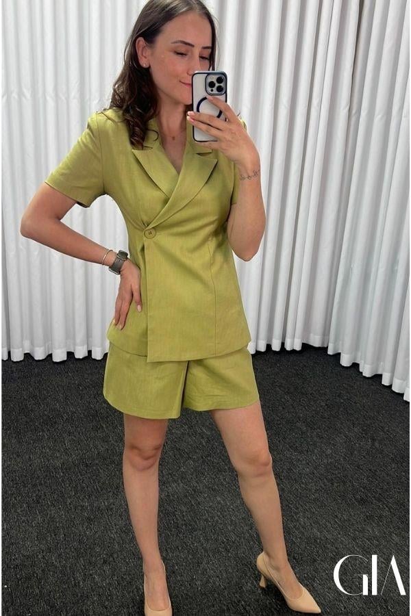 Yağ Yeşili Kısa Kollu Ceket Şort Takım