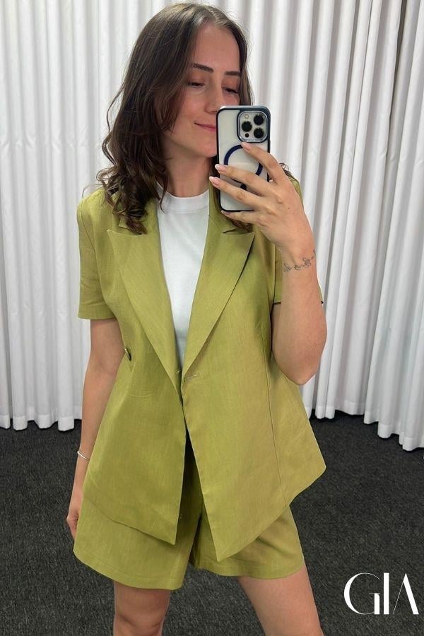 Yağ Yeşili Kısa Kollu Ceket Şort Takım