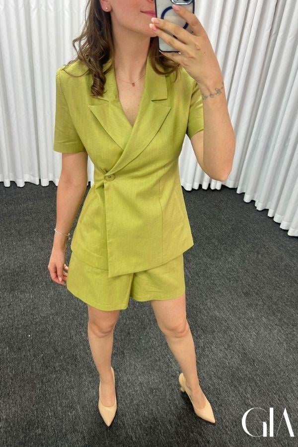 Yağ Yeşili Kısa Kollu Ceket Şort Takım