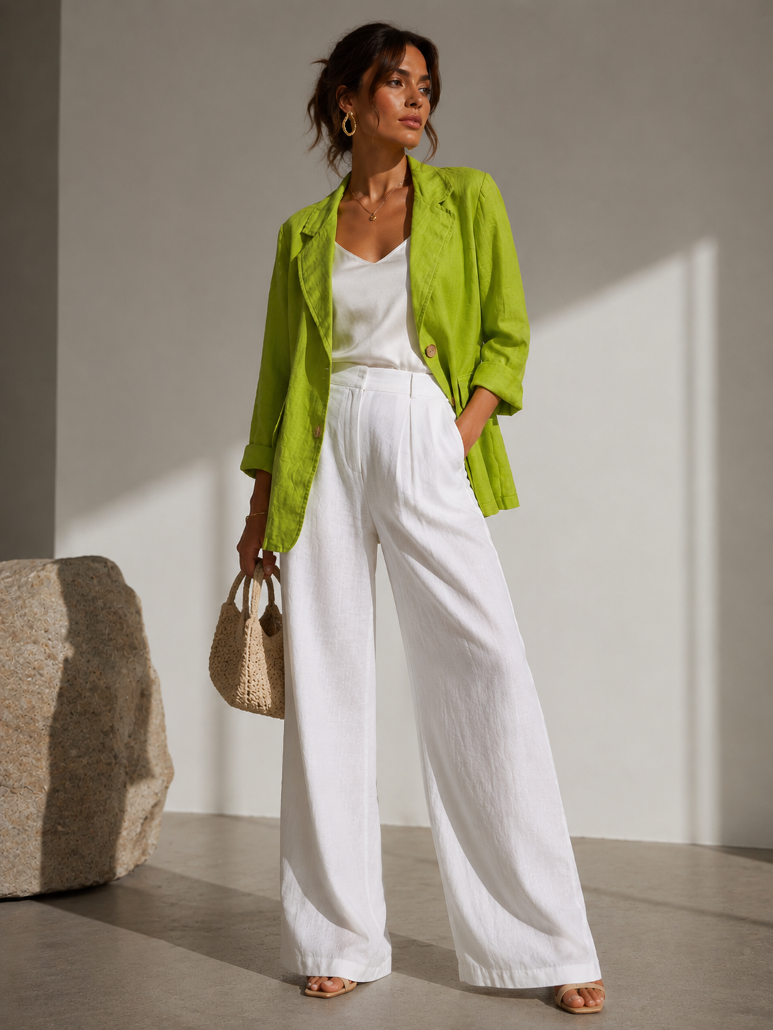 Fıstık Yeşili Keten Görünümlü Blazer Ceket – Oversize Yazlık Şık Ceket