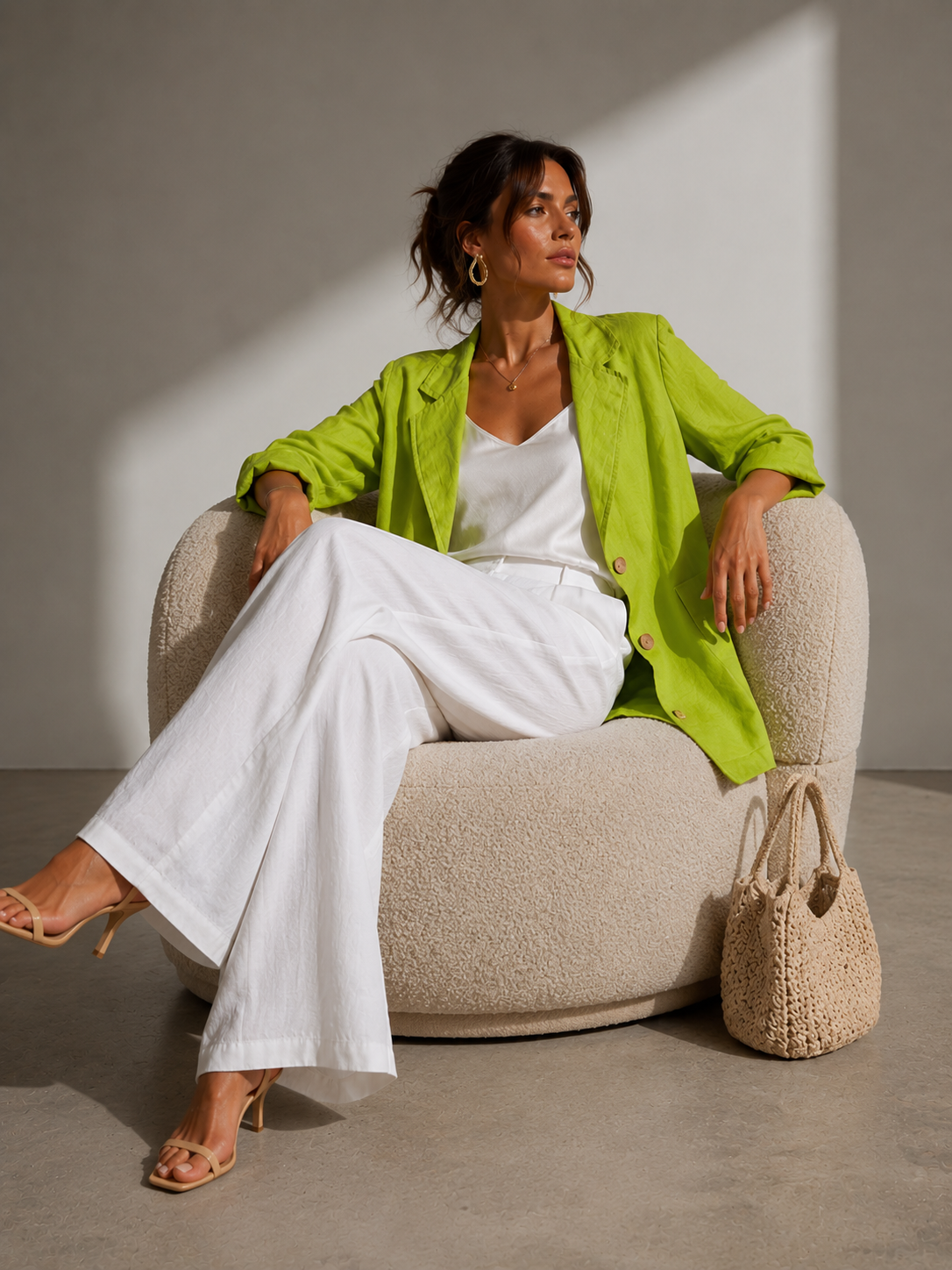 Fıstık Yeşili Keten Görünümlü Blazer Ceket – Oversize Yazlık Şık Ceket