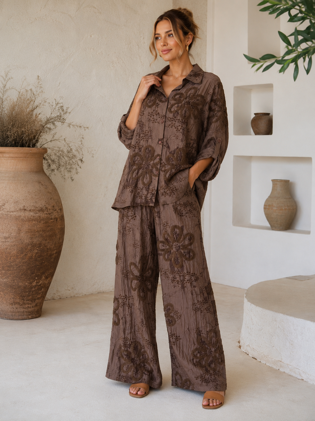 Kahve  Nakış İşlemeli vual kumaş  Gömlek Pantolon Takım – İthal Salaş Oversize Yazlık İkili Takım